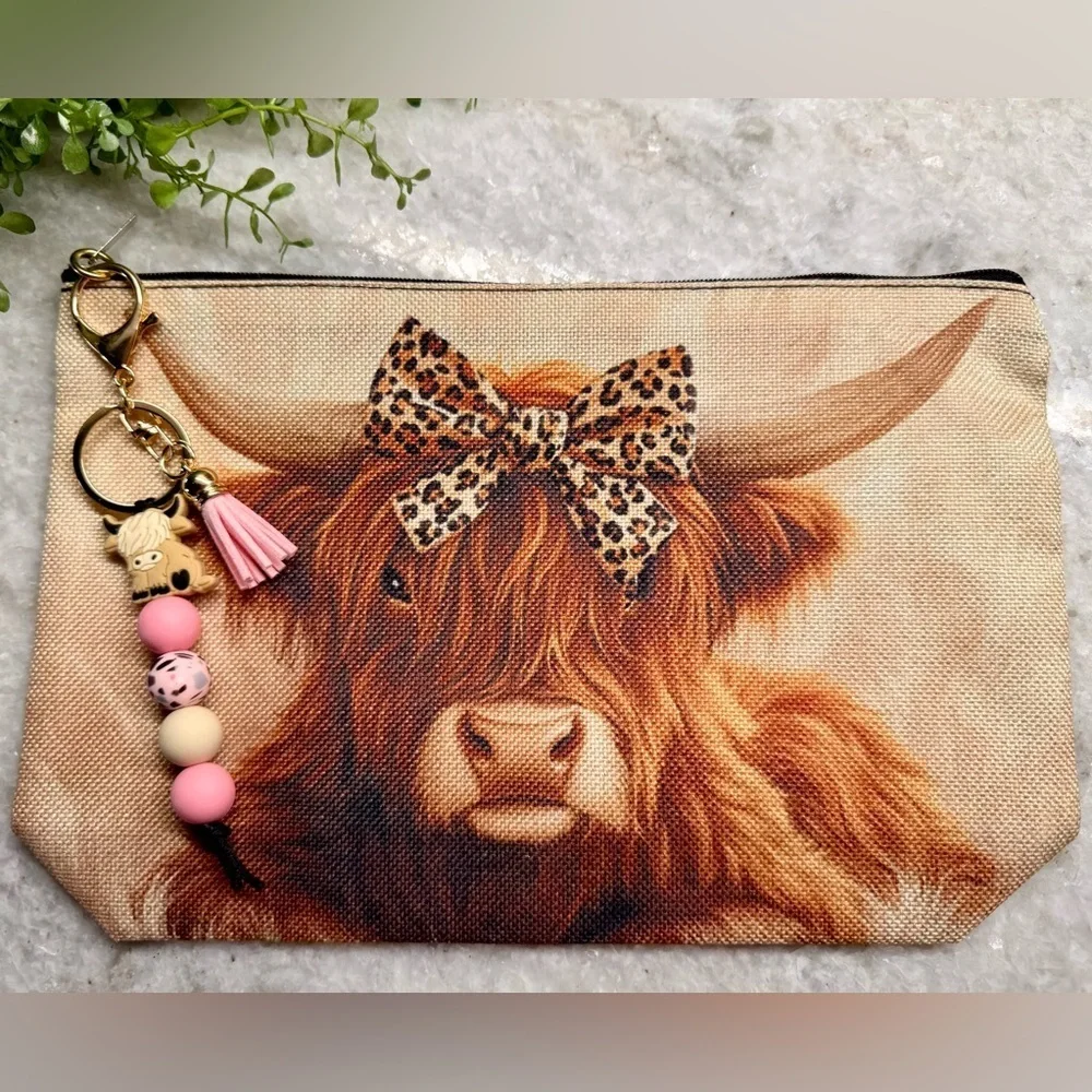 New Highland Cow w/ Leopard Bow Makeup Tech Pencil Bag w/ Pink Keychain - 10.5”